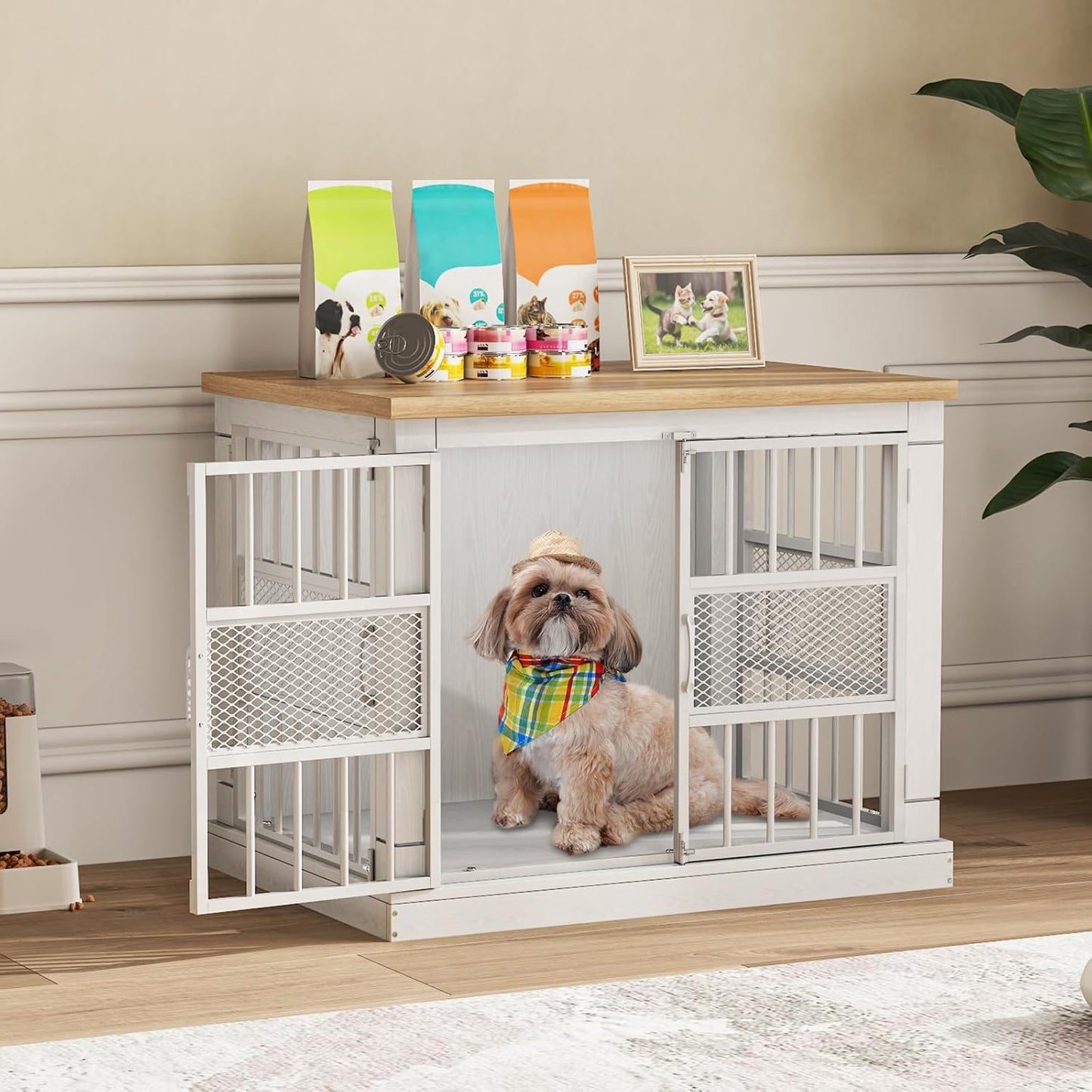 VOPEAK 40" Dog Crate Furniture, Chew Resistant Large Dog Crate for Medium Large Dogs, Heavy Duty Dog Crates Dog Kennel Cage Indoor with Double Doors, Wooden End Table for Bedroom Living Room