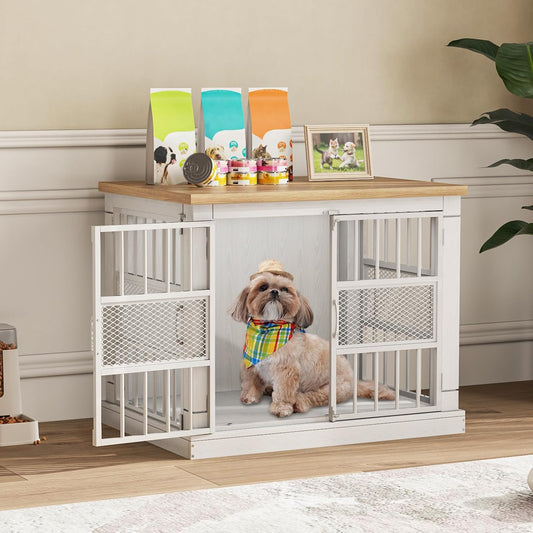 VOPEAK 40" Dog Crate Furniture, Chew Resistant Large Dog Crate for Medium Large Dogs, Heavy Duty Dog Crates Dog Kennel Cage Indoor with Double Doors, Wooden End Table for Bedroom Living Room