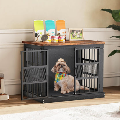 VOPEAK 40" Dog Crate Furniture, Chew Resistant Large Dog Crate for Medium Large Dogs, Heavy Duty Dog Crates Dog Kennel Cage Indoor with Double Doors, Wooden End Table for Bedroom Living Room