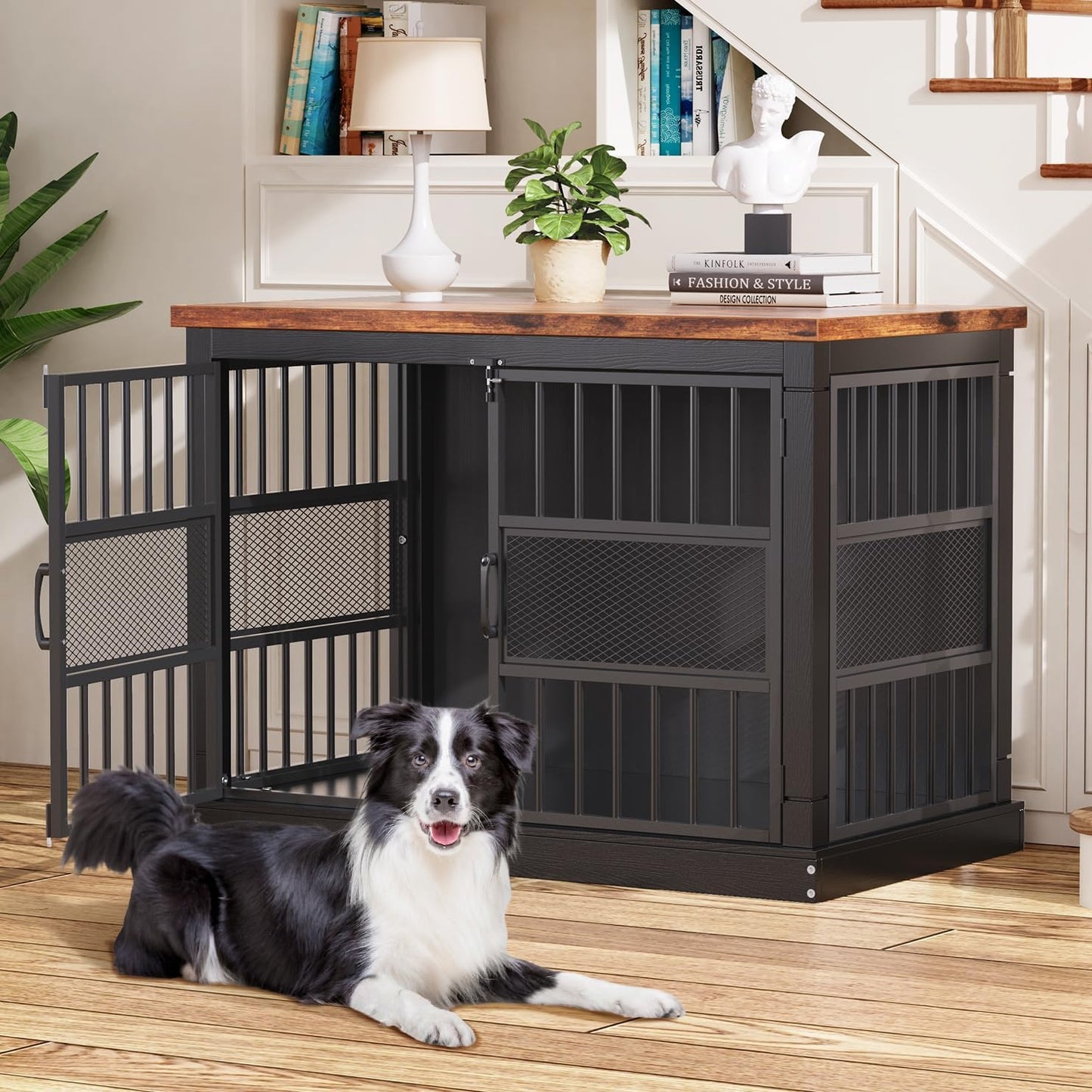 VOPEAK 40" Dog Crate Furniture, Chew Resistant Large Dog Crate for Medium Large Dogs, Heavy Duty Dog Crates Dog Kennel Cage Indoor with Double Doors, Wooden End Table for Bedroom Living Room