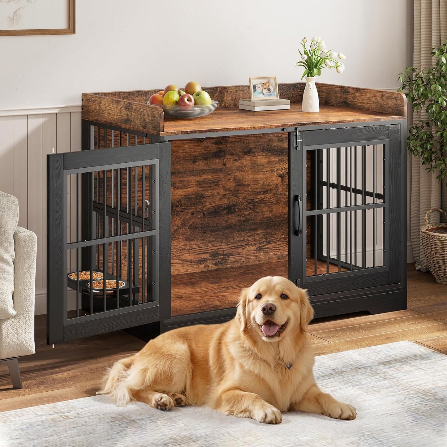 VOPEAK 40" Dog Crate Furniture, Chew Resistant Large Dog Crate for Medium Large Dogs, Heavy Duty Dog Crates Dog Kennel Cage Indoor with Double Doors, Wooden End Table for Bedroom Living Room