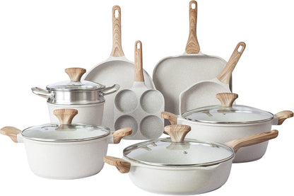 Country Kitchen Non-Stick Cast Aluminum Cookware Set - Durable Kitchen Cookware for Everyday Cooking, Cream, 11 Pc.