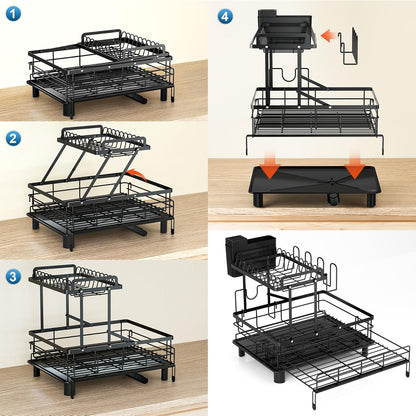 2 Tier Dish Drying Rack - Expandable Dish Rack Over Sink, 304 Stainless Steel Dish Rack for Kitchen Counter, Dish Drainer w Utensil Holder, Drainboard & Cups Holder, Anti-Rust & Space Saving